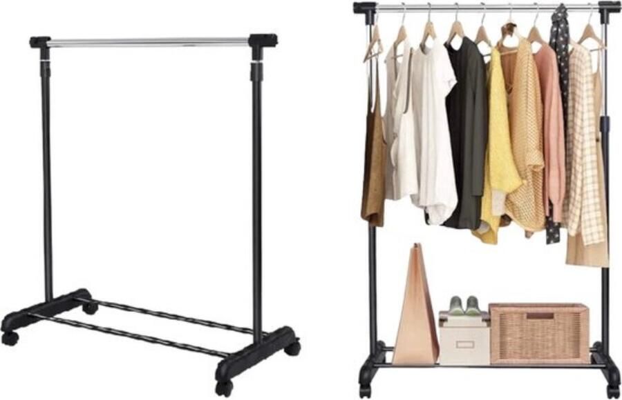Professioneel Kledingrek Op Met Wielen Zwart Zilver 160 cm 1 Stang(en) Telescopische kapstok Hoogt verstelbaar Single Mobiel Garderoberek Totale draagkracht 30kg Hoogwaardige Kwaliteit