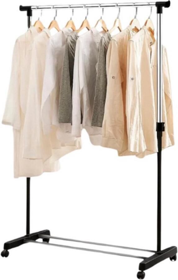 Professioneel Kledingrek Op Met Wielen Zwart Zilver 160 cm 1 Stang(en) Telescopische kapstok Hoogt verstelbaar Single Mobiel Garderoberek Totale draagkracht 30kg Hoogwaardige Kwaliteit