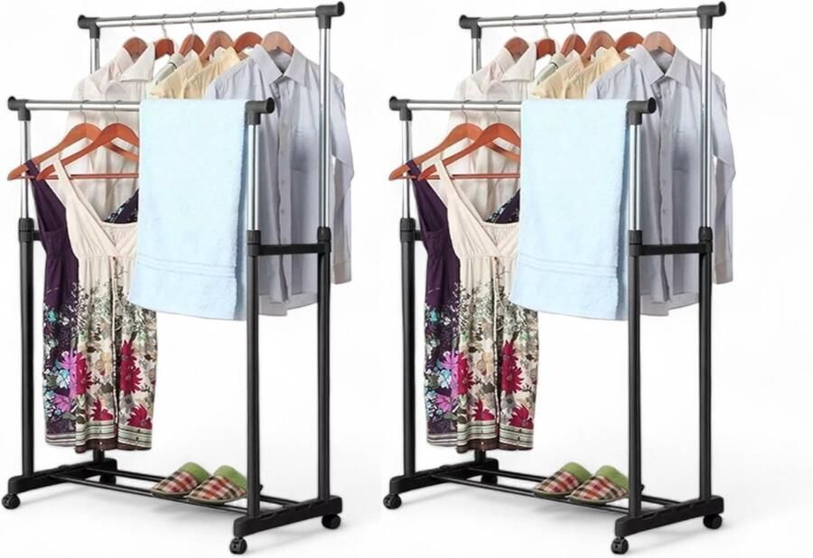 Professionele Kledingrekken (2 Stuks) Op Met Wielen Zwart 160 cm 2 Stang(en) Telescopische kapstok Hoogt verstelbaar Dubbel Mobiel Garderoberek Totale draagkracht 60kg Hoogwaardige Kwaliteit - Foto 2