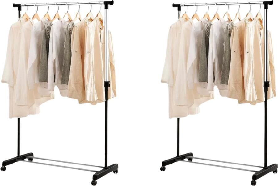 Professionele Kledingrekken (2 Stuks) Op Met Wielen Zwart Zilver 160 cm 1 Stang(en) Telescopische kapstok Hoogt verstelbaar Single Mobiel Garderoberek Totale draagkracht 30kg Hoogwaardige Kwaliteit