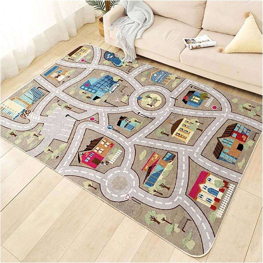 PROFIYER kinderspeelkleed straat auto dier universum blauw groen grijs (80 x 120 cm 31 x 47 inch)