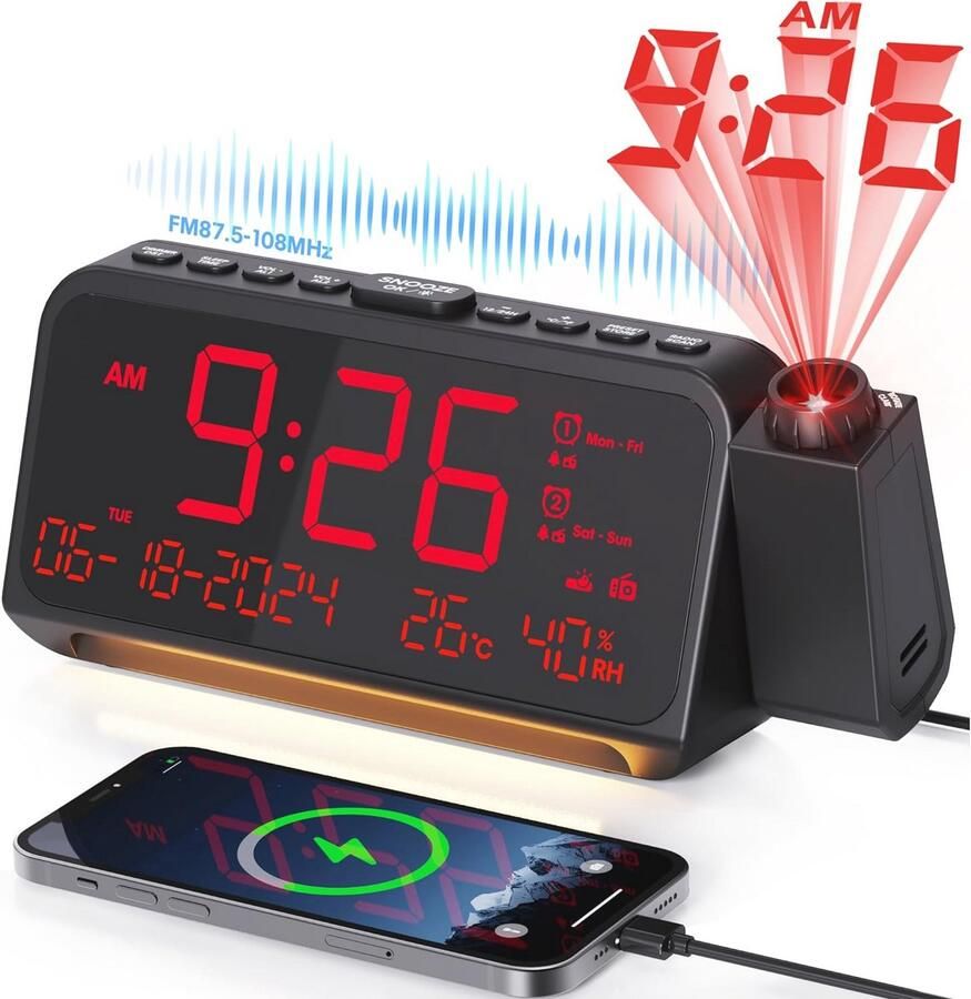Projectiewekker met 320° projector digitale radiowekker met dubbel alarm temperatuur- en datumweergave
