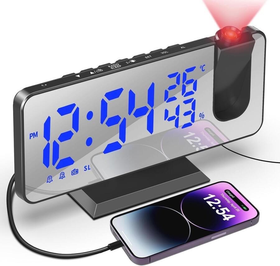 Projectiewekker met USB-Aansluiting en Dubbel Alarm Digitale Wekker met LED-Display en 180° Projector voor Slaapkamer en Kantoor