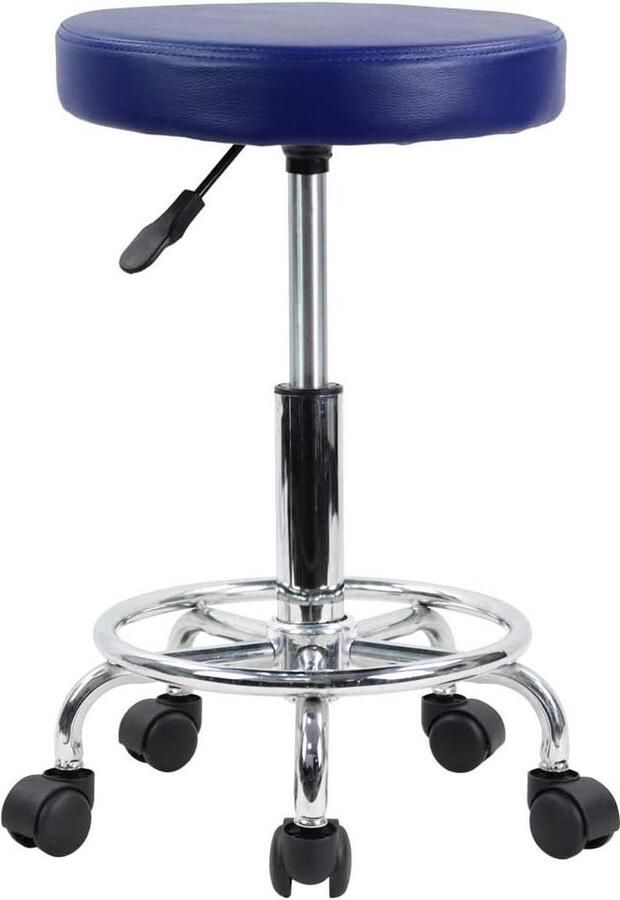 PU lederen ronde rollende kruk met voetsteun draaibare hoogte aanpassing spa opstellen salon tattoo werk kantoor massagekrukken taakstoel (blauw)