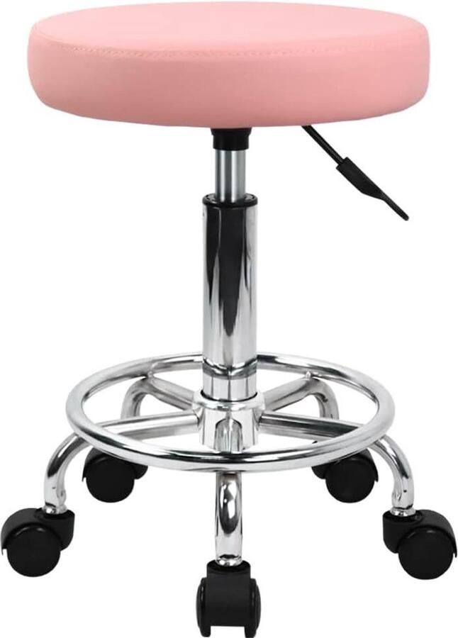 PU Lederen Ronde Rolling Kruk met Voetsteun Draaibare Hoogte Aanpassing Spa Opstellen Salon Tattoo Werk Kantoor Massage Krukken Taak Stoel Klein (Roze)