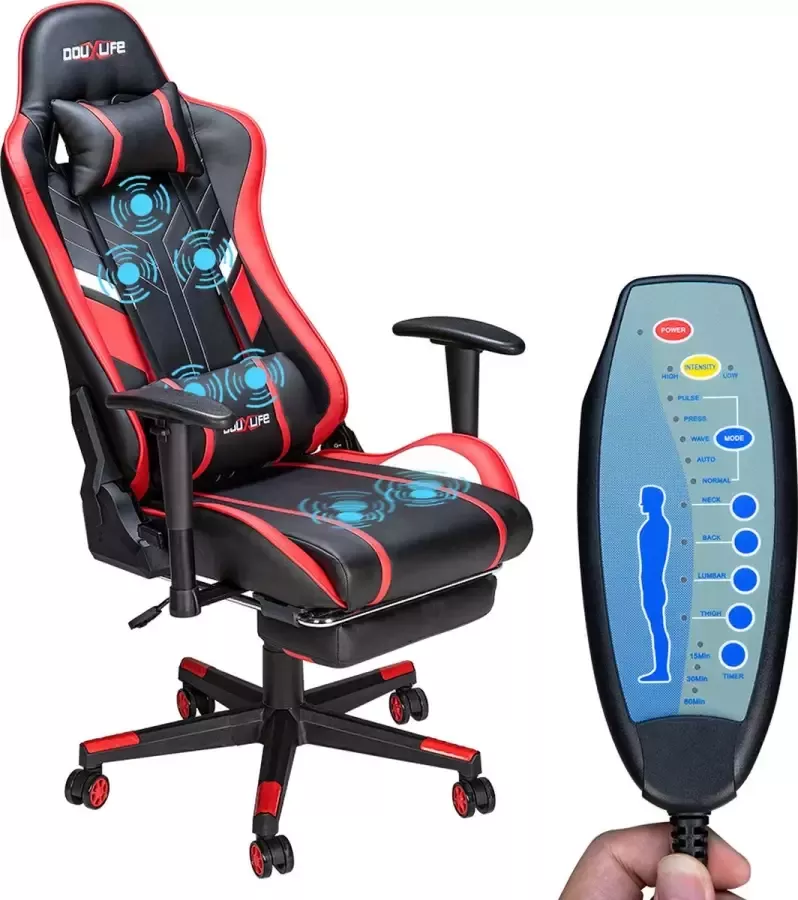 PU Massagestoel met voetenbankje Ergonomische Gamestoel 175° Bureaustoel Rood&Zwart