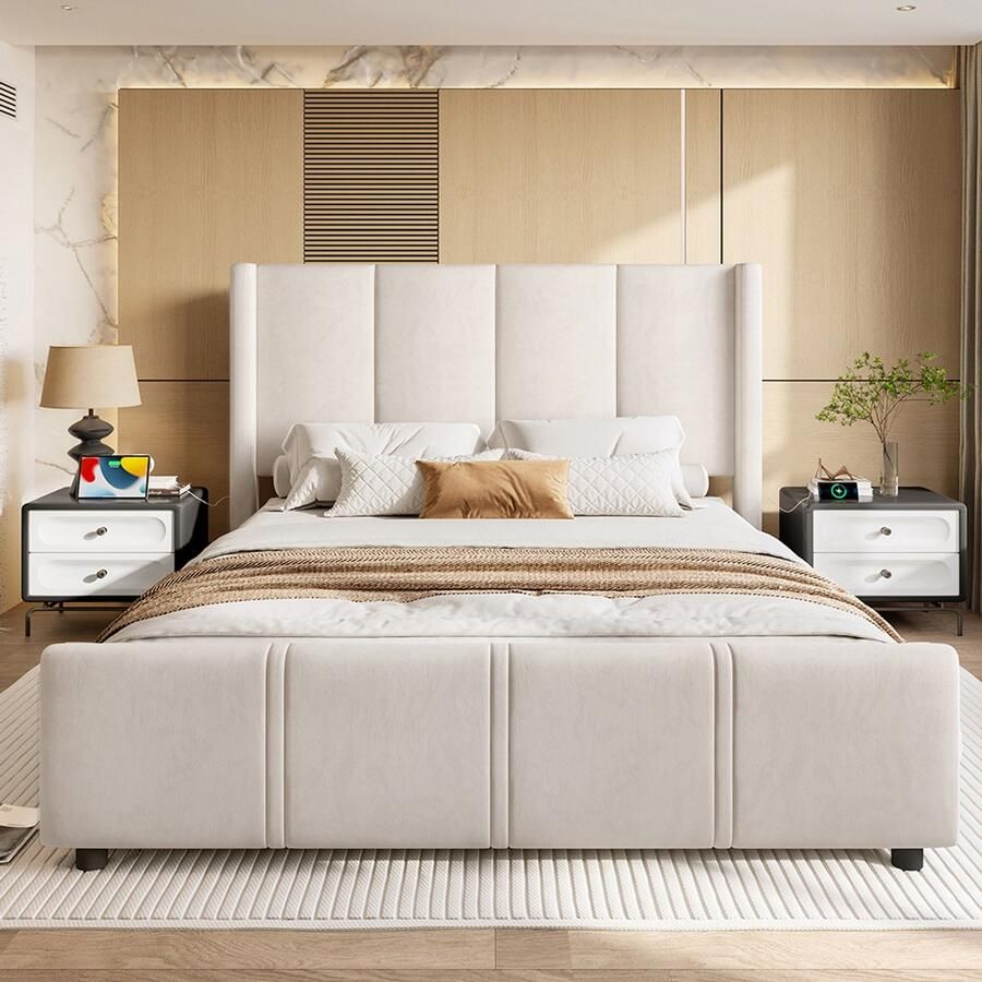 Pugsdrly 160 x 200 cm Elegant en modern gestoffeerd bedframe hoog hoofd- en voeteneind gecertificeerde USB-poort combinatie van ijzeren frame en hout stabiel en duurzaam beige