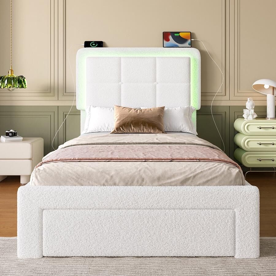 Gestoffeerd bed 90x200 cm met teddyfluwelen bekleding ijzeren en houten frame verstelbaar hoofdeinde verstelbare verlichting USB-aansluiting modern bedframe eenpersoonsbed