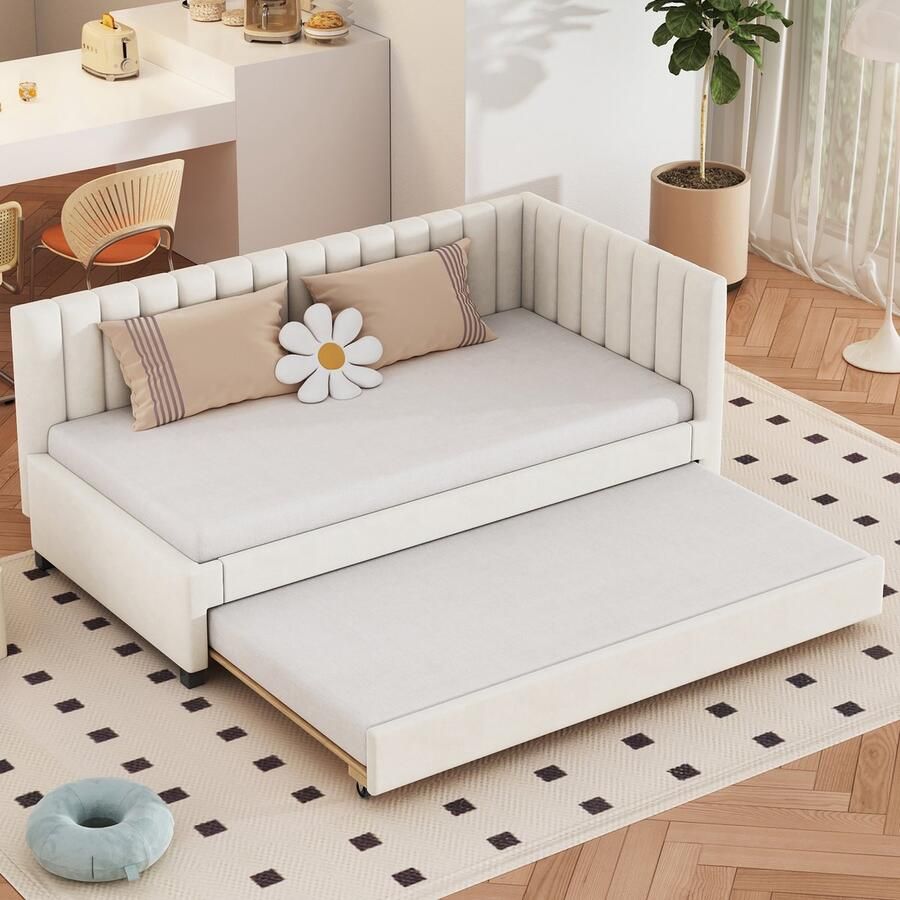 Pugsdrly Bekleed bed 90*200 uitschuifbare slaapbank multifunctioneel bed met lattenbodem jeugdbedden kinderbedden logeerbedden fluweelstof beige