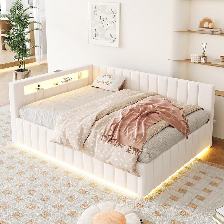 Pugsdrly Bepolsterte slaapbank 140x200 met hydraulische opbergruimte LED-verlichting en USB-poort rugleuning hoofdeinde en stabiel bedframe beige fluweelstof