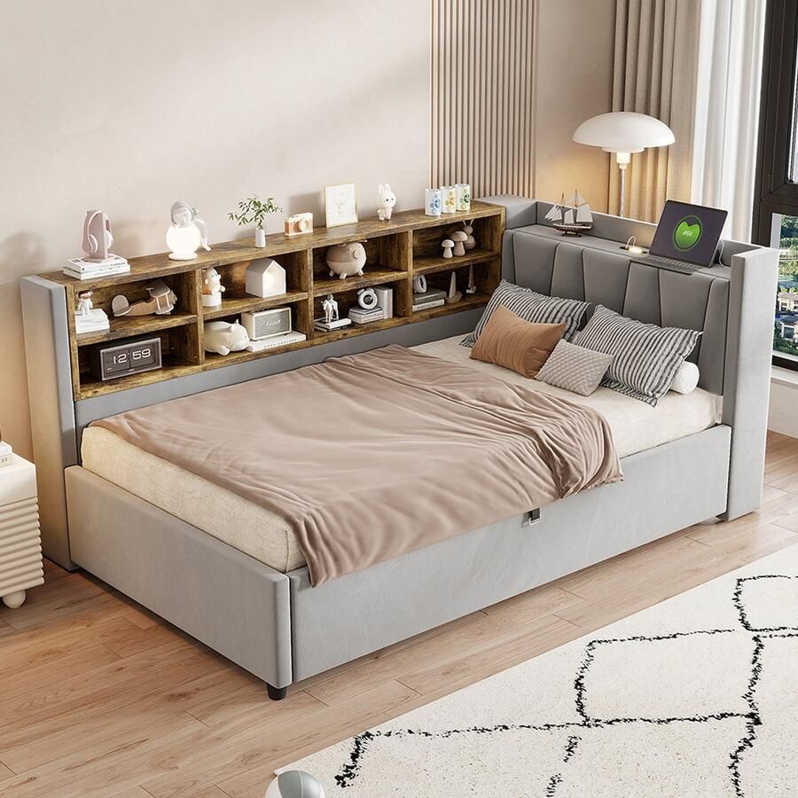 Pugsdrly Bepolsterte slaapbank 90*200 cm met hydraulische opbergruimte nachtlampje USB- en Type-C-poorten met legplanken en opbergvakken gepolsterd hoofdeinde multifunctioneel bed fluweelstof lichtgrijs