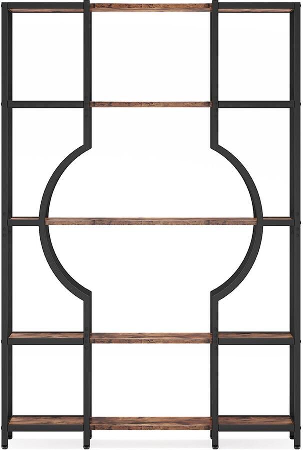 Pugsdrly Boekenkast met 5 verdiepingen hoge vintage boekenkast met 12 open planken houten boekenkasten met metalen frame voor thuiskantoor woonkamer slaapkamer (bruin)