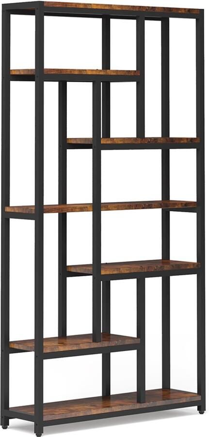 Pugsdrly Boekenkast met 7 niveaus staande plank met stalen frame vrijstaande plank voor de woonkamer open plank voor de keuken staande plank opbergplank voor kantoor slaapkamer keuken 200 x 100 x 30 cm bruin