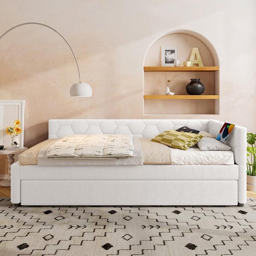 Pugsdrly Dagbed 90*200 cm Dagbed slaapbank bed met lattenbodem (zonder matras) met nachtlampje met multifunctioneel uitschuifbed USB-poort type C comfortabel materiaal imitatie fleece wit