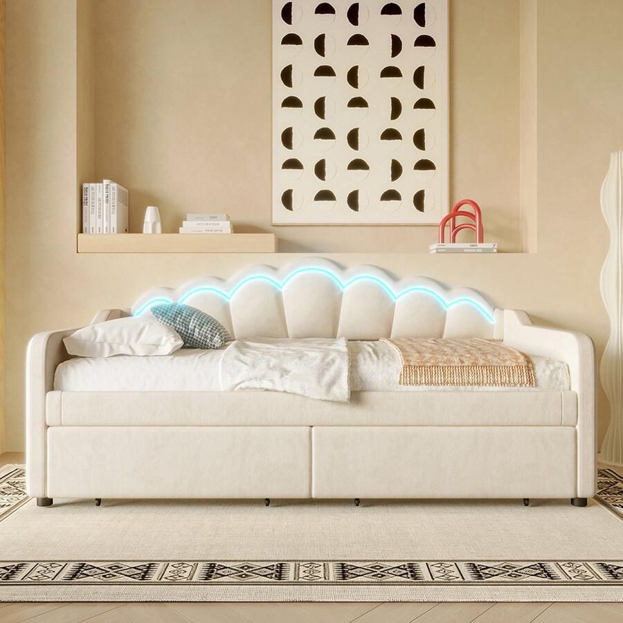 Pugsdrly Dagbed met lades slaapbank eenpersoonsbed (zonder matras) fluweel LED-strip met wisselende kleuren 90x200cm beige