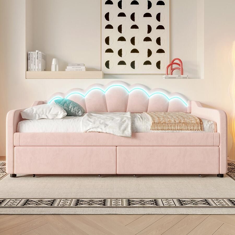 Pugsdrly Dagbed met lades slaapbank eenpersoonsbed (zonder matras) fluweel LED-strip met wisselende kleuren 90x200cm roze