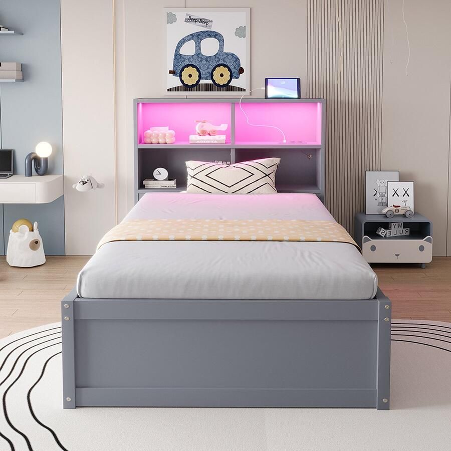 Pugsdrly Eenpersoonsbed Hydraulisch bed Massief houten bed Multifunctioneel houten bed Grijs 90*200 cm Met stekkerdoos en meerdere opbergvakken Met lichtstrip