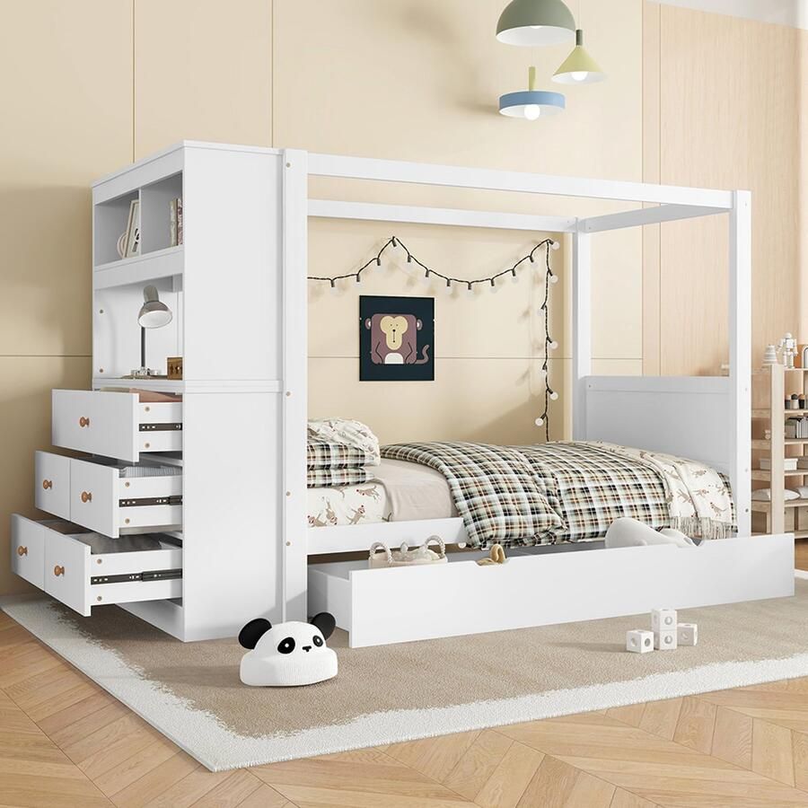 Pugsdrly Eenpersoonsbed kinderbed met veiligheidshek en spijlen houten bed met opbergruimte opbergkast met 5 lades lade op wieltjes royale opbergruimte grenen + PB wit + naturel 90 x 200 cm