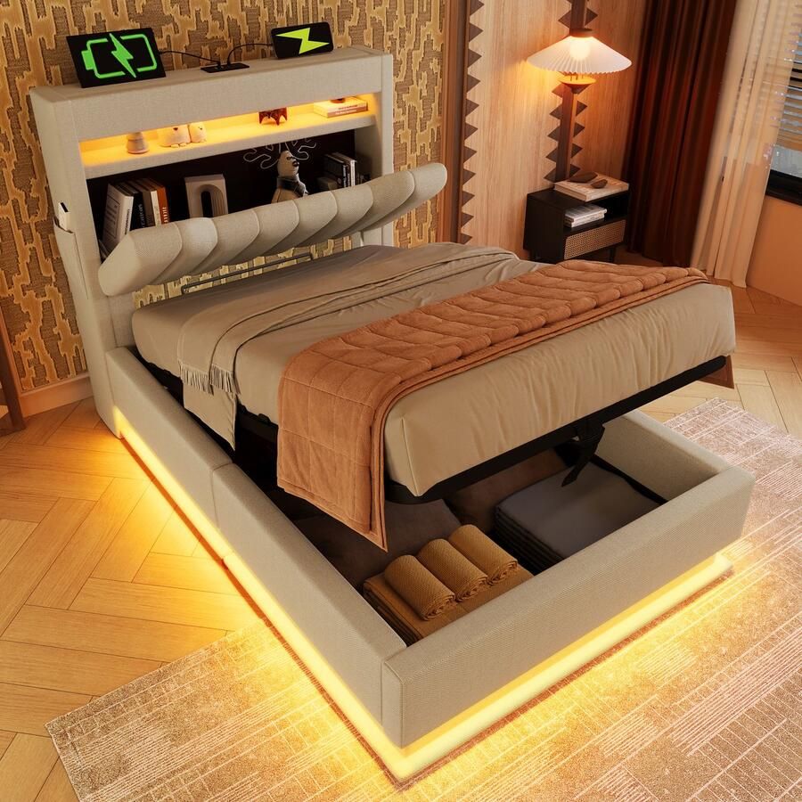 Pugsdrly Eenpersoonsbed met bekleding 90 x 200 cm hoofdeinde met opbergruimte en USB- en Type-C-poorten LED-verlichting aan het hoofdeinde en voeteneinde met hydraulische opbergruimte beige linnen. (Zonder matras)
