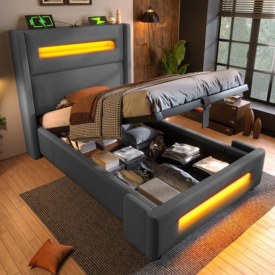 Pugsdrly Eenpersoonsbed met bekleding 90x200 cm bed voor tieners met LED-verlichting bed met hydraulische opbergruimte en USB-oplader type C metalen bedframe met houten latten grijs linnen zonder matras