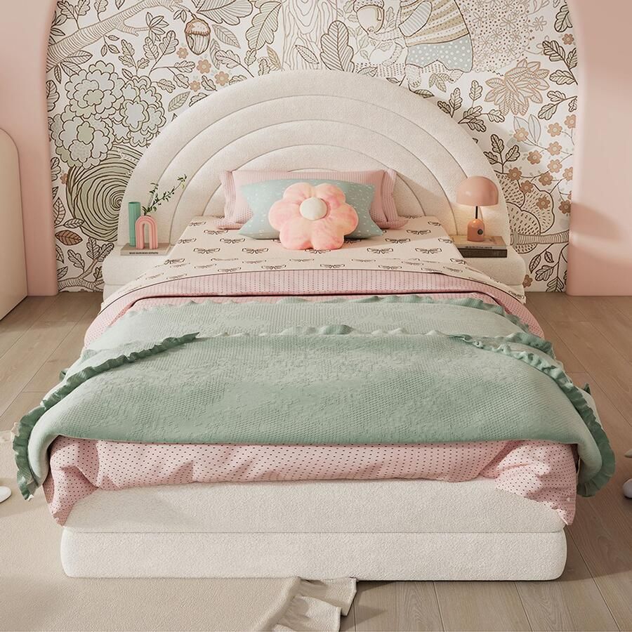 Pugsdrly Eenpersoonsbed met bekleding regenboogvormig hoofdeinde met tafeltjes aan beide zijden eenvoudig elegant en comfortabel modern bedframe imitatie pool beige 90 x 200 cm