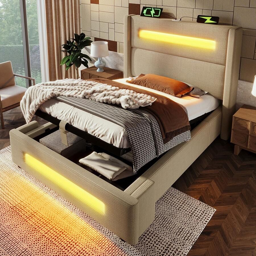 Pugsdrly Eenpersoonsbed met opbergruimte 90x200 cm bed voor tieners met LED-verlichting bed met hydraulische opbergruimte en USB Type-C-oplaadpunt metalen bedframe met houten latten beige linnen inclusief matras