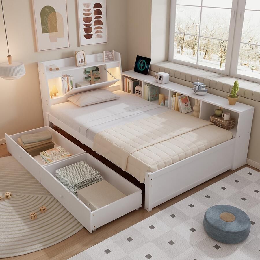 Pugsdrly Eenpersoonsbed paneelbed hoofdeinde met opbergvak + 2 lampen met oplaadpunt opbergkasten aan de zijkant en lades grenen + spaanplaat + MDF wit 90 x 200 cm