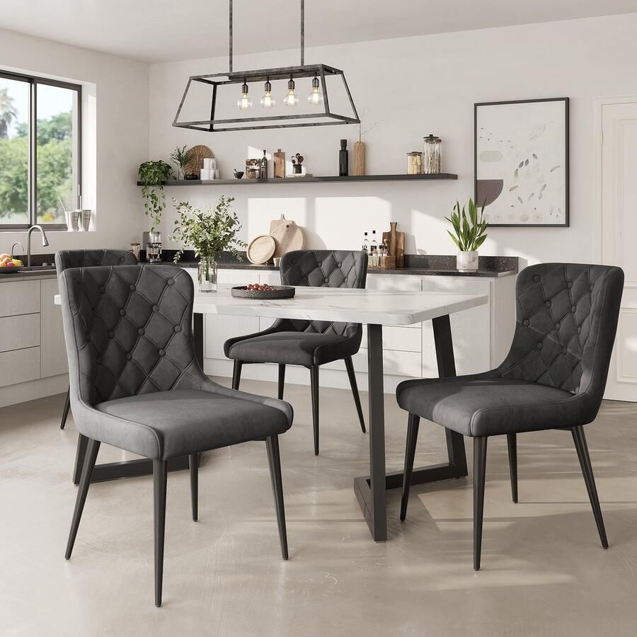 Pugsdrly Eethoek (5-delig) 117x68cm eettafel met 4 stoelen moderne keukentafel zwarte ijzeren stoelpoten (donkergrijze eetkamerstoel)