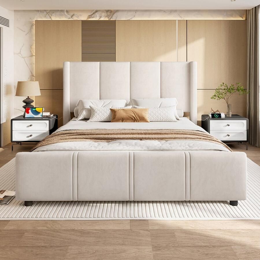 Pugsdrly Elegant en modern gestoffeerd bedframe 140 x 200 cm hoog hoofd- en voeteneind gecertificeerde USB-poort combinatie van ijzeren frame en houten bovenkant stabiel en duurzaam beige