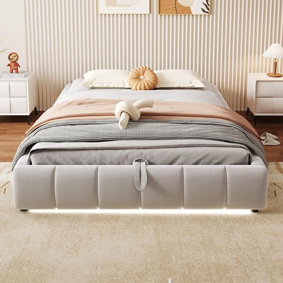 Pugsdrly Gestoffeerd bed 140 x 200 cm zonder hoofdeinde met led-lichtstrip (eenkleurig) hydraulisch zwevend bedframe met opbergruimte eenpersoonsbed tienerbed beige