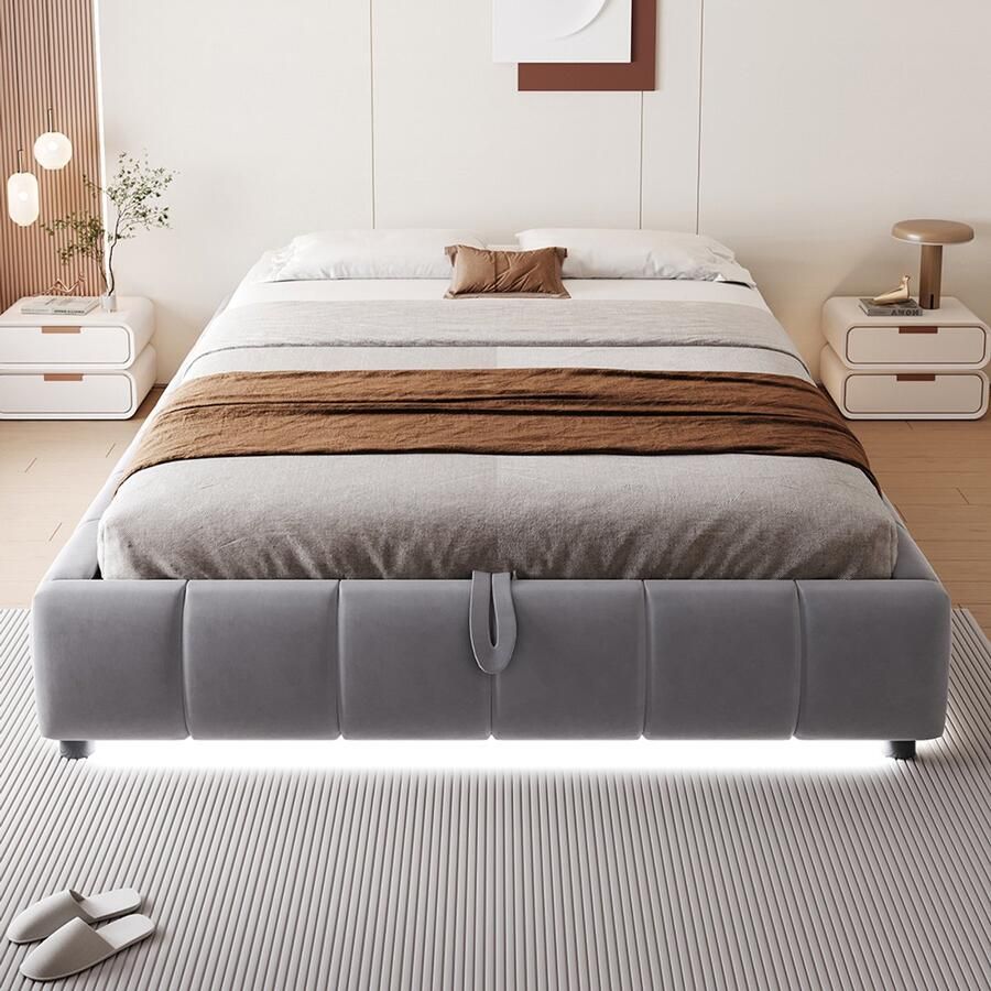 Pugsdrly Gestoffeerd bed 140 x 200 cm zonder hoofdeinde met LED-lichtstrip (eenkleurig) hydraulisch zwevend bedframe met opbergruimte eenpersoonsbed tienerbed grijs