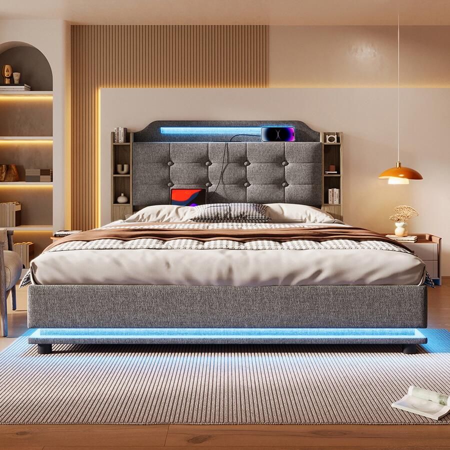 Pugsdrly Gestoffeerd bed 140*200 cm met ledstrip hydraulische opbergruimte meerdere opbergvakken zonder matras USB + TYPE-C lakens grijs