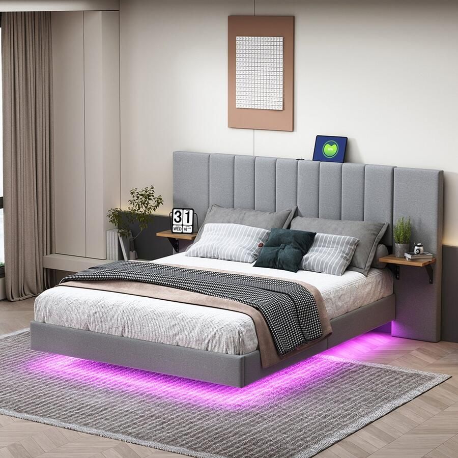 Pugsdrly Gestoffeerd bed 140*200 cm verborgen voeteneinde tweepersoonsbed verlengd en vergroot hoofdeinde met opbergvakken aan de zijkant met USB-aansluiting met LED-strip linnen stof grijs