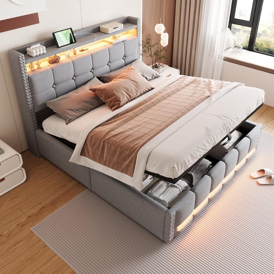 Pugsdrly Gestoffeerd bed 160*200 cm met ledverlichting en USB-aansluiting hoofdeinde met planken en opbergruimte met hydraulisch systeem voor opslag tweepersoonsbed voor volwassenen lichtgrijs linnen