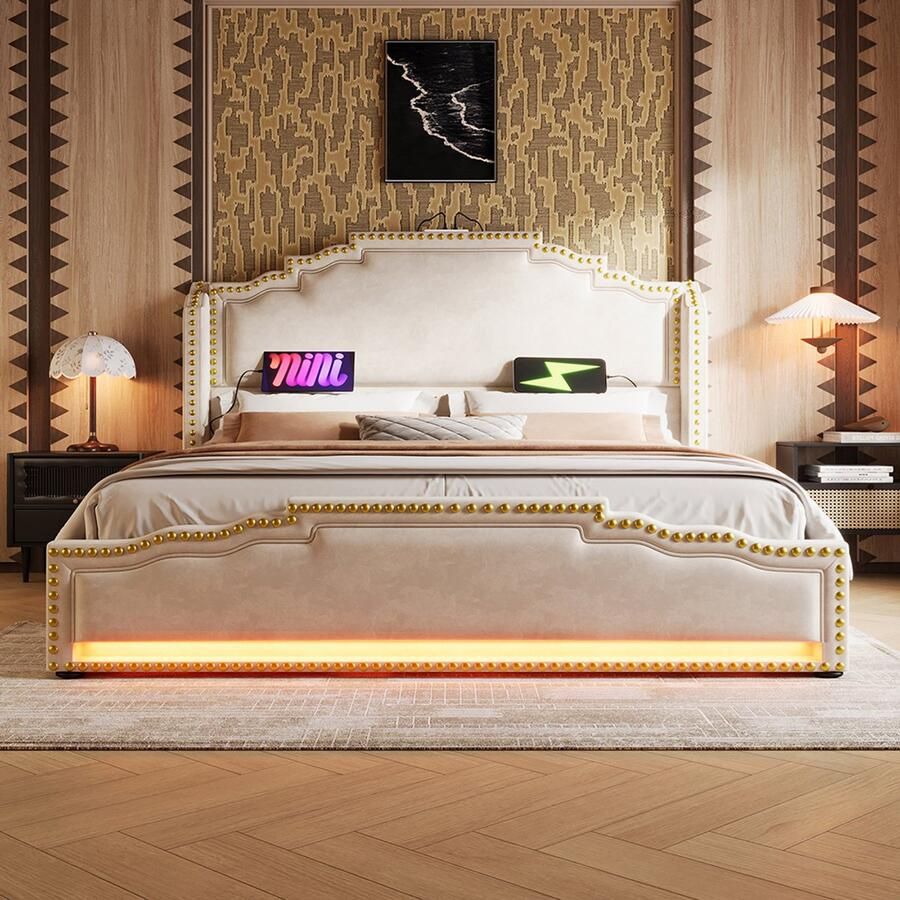Pugsdrly Gestoffeerd bed 160×200 tweepersoonsbed met 4 lades ledverlichting en USB-C-oplaadpoort bed met opbergruimte en bed voor tieners met lattenbodem fluweel beige zonder matras