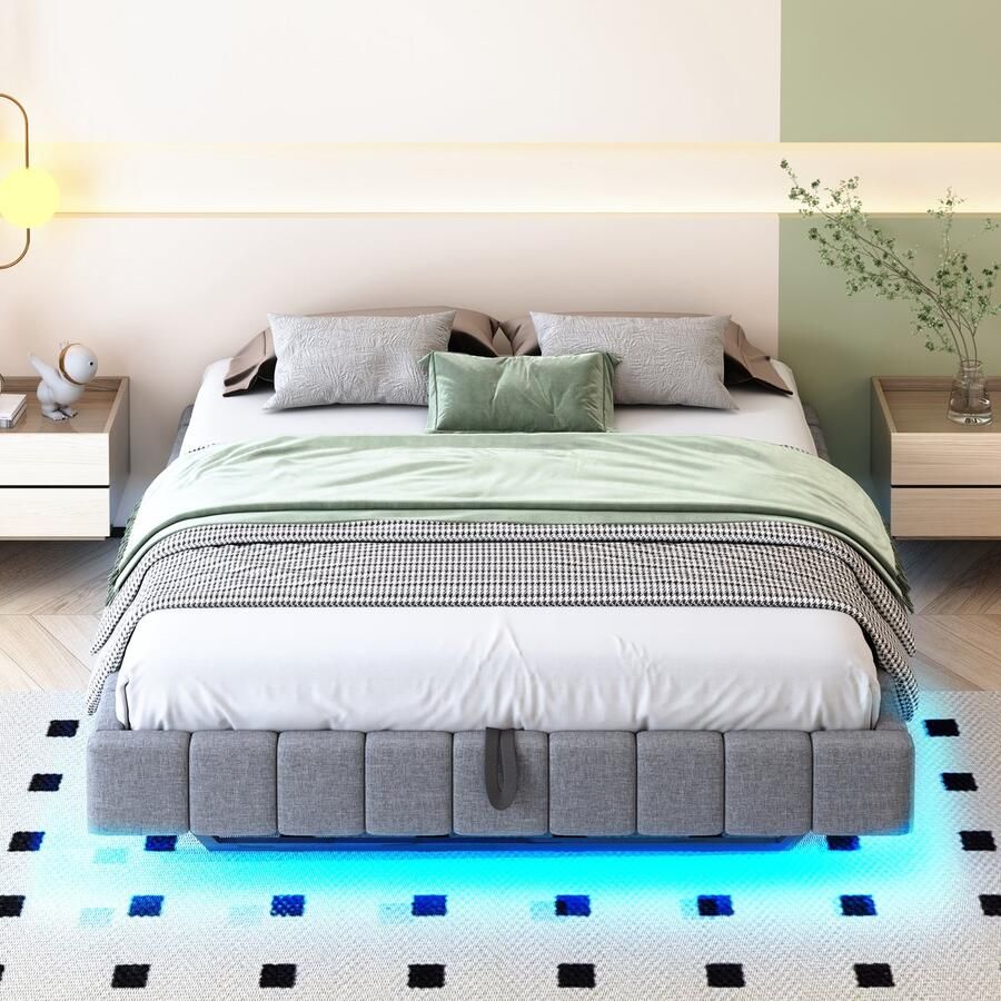 Pugsdrly Gestoffeerd bed 160x200 cm hydraulisch verend lattenbodem met opbergruimte multifunctioneel gestoffeerd bed zonder hoofdeinde met led-verlichting grijs linnen