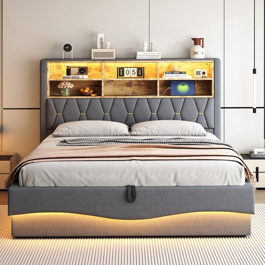 Pugsdrly Gestoffeerd bed 180 × 200 met hydraulische opbergruimte app-gestuurde led-lichtstrip USB-poort metalen lattenbodem grijze linnen bekleding
