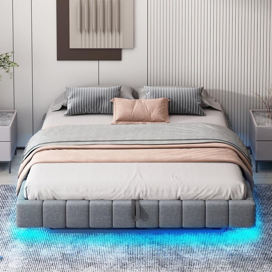 Pugsdrly Gestoffeerd bed 180x200 cm hydraulisch lattenbodem met opbergruimte multifunctioneel gestoffeerd bed zonder hoofdeinde met ledverlichting grijs linnen