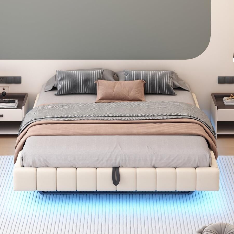 Pugsdrly Gestoffeerd bed 180x200 cm hydraulisch lattenbodem met opbergruimte multifunctioneel gestoffeerd bed zonder hoofdeinde met ledverlichting beige linnen