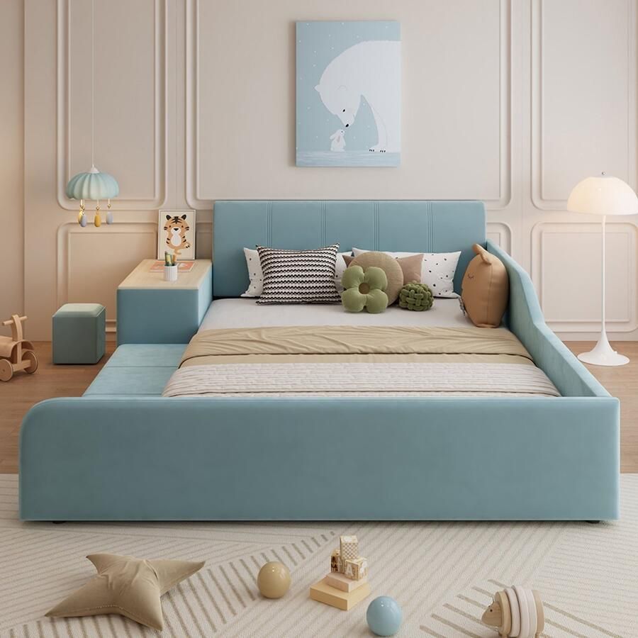 Pugsdrly Gestoffeerd bed eenpersoonsbed met bureau voor kinderen en krukje met opbergplank zacht hoofdeinde kinderbed met houten lattenbodem fluweel blauw 140 x 200 cm