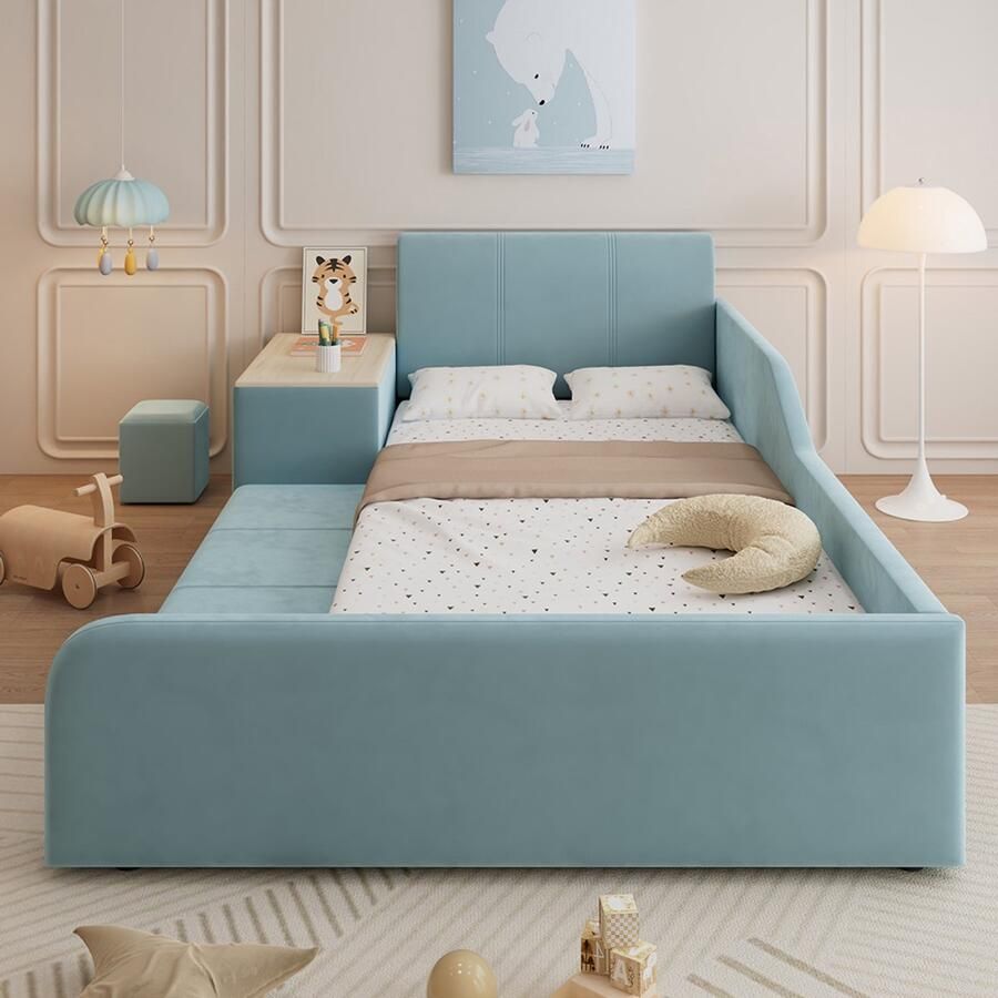 Pugsdrly Gestoffeerd bed eenpersoonsbed met kinderbureau en krukje met legplank zacht hoofdeinde kinderbed met houten lattenbodem fluweel blauw 90 x 200 cm