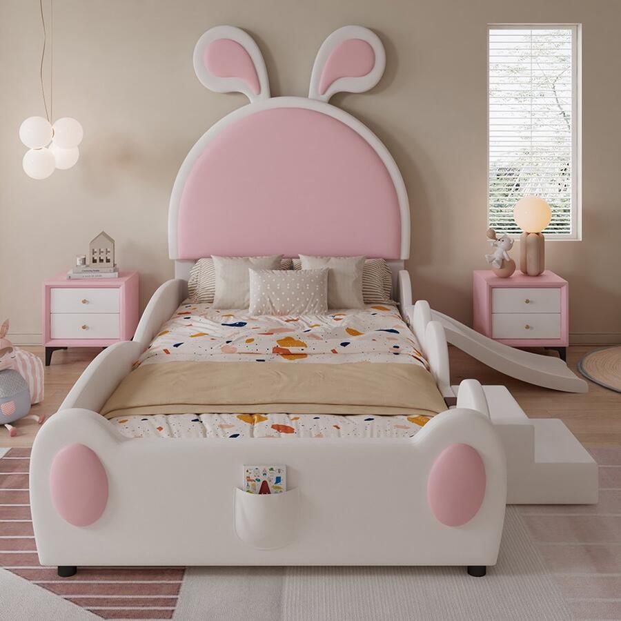 Pugsdrly Gestoffeerd bed eenpersoonsbed met trapje en glijbaan voor kinderen hoofdeinde met konijnenoren kinderbed met houten lattenbodem PU wit + roze 90 x 200 cm