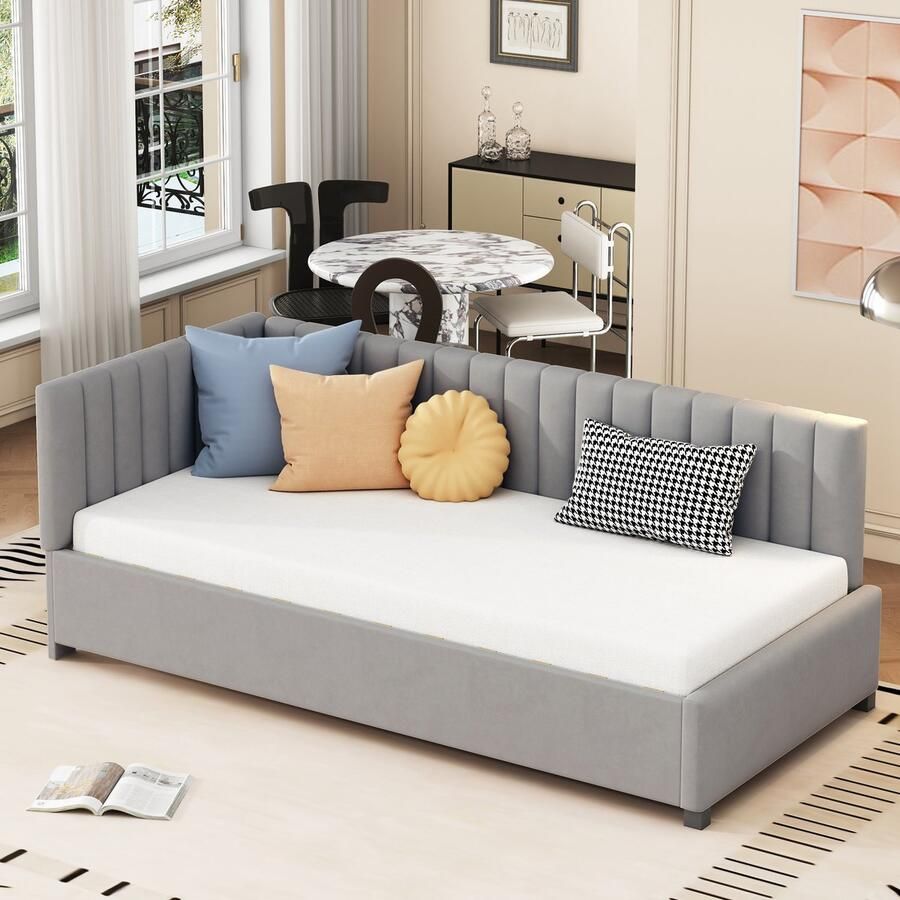 Pugsdrly Gestoffeerd bed slaapbank 90*200 multifunctioneel bed met lattenbodem huidvriendelijke fluweelstof grijs