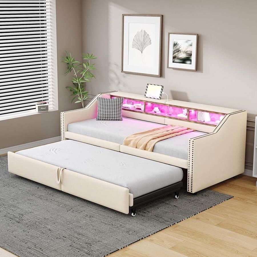 KOMHTOM Gestoffeerd bed Bekleide slaapbank 90 180 x 200 cm multifunctioneel opbergvak ledverlichting en USB-aansluiting met lattenbodem beige