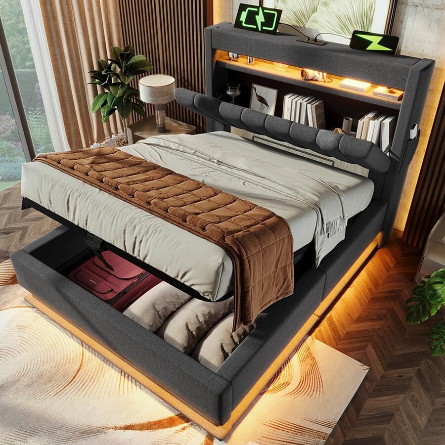 Pugsdrly Gestoffeerd eenpersoonsbed 90x200 cm hoofdeinde met opbergruimte en USB- en Type-C-poorten LED-verlichting aan het hoofdeinde en voeteneinde met hydraulische opbergruimte grijs linnen inclusief matras