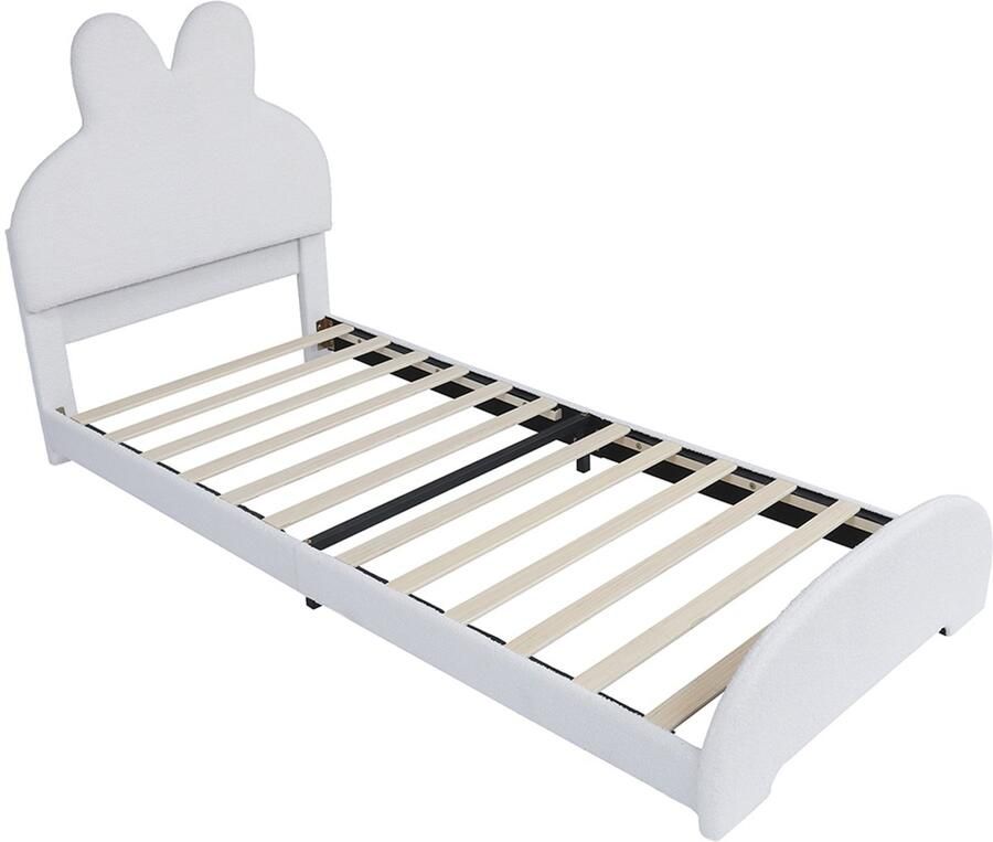 Pugsdrly Gestoffeerd eenpersoonsbed hoofdeinde in de vorm van konijnenoren eenvoudig elegant en comfortabel schattige cartoonstijl imitatiepool wit 90 x 200 cm