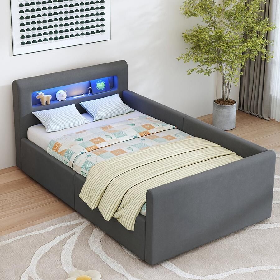 Pugsdrly Gestoffeerd kinderbed 90*200 cm met led-verlichting nachtlampje en USB-poort plank hydraulische opbergruimte eenpersoonsbed voor jongens en meisjes fluweelstof donkergrijs