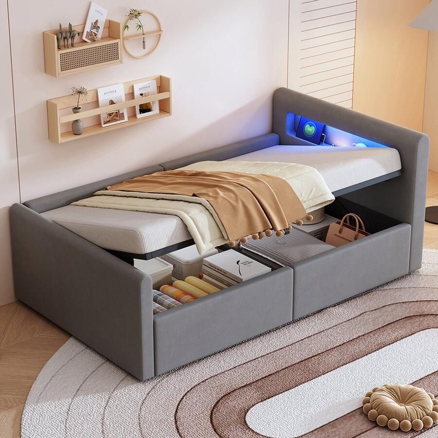 Pugsdrly Gestoffeerd kinderbed 90*200 cm met ledverlichting nachtlampje en USB-poort plank hydraulische opbergruimte eenpersoonsbed bedden voor jongens en meisjes fluweelstof lichtgrijs