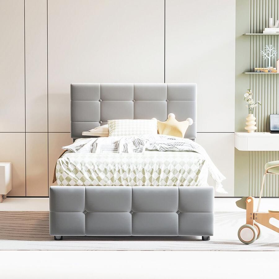 Pugsdrly Gestoffeerd kinderbed 90x200 cm hydraulisch opbergbed in hoogte verstelbaar hoofdeinde enkel hoog boxbed fluweel grijs