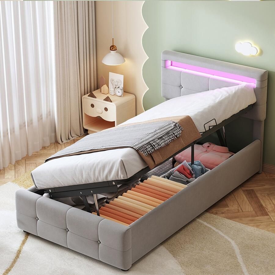 Pugsdrly Gestoffeerd kinderbed 90x200 cm met led-verlichting hydraulisch opbergbed in hoogte verstelbaar hoofdeinde enkel hoog boxbed fluweel grijs